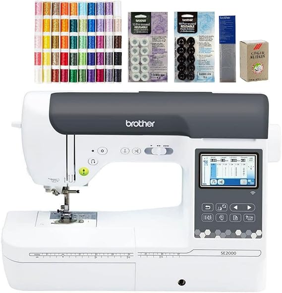 Brother SE2000 Computerized Sewing and Embroidery Machine (SE2000 + Designio 50ct Thread) 50-Piece Designio Thread Set, 20 Bobbins, 100-Piece 75/11 Embroidery Needles, Stabilizer Roll