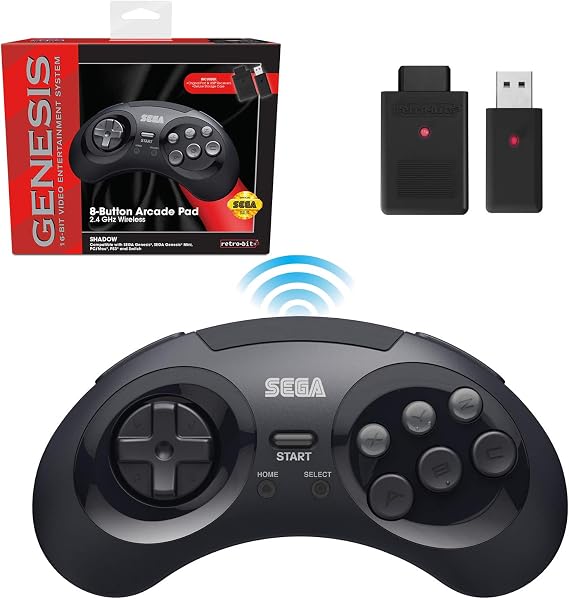 Retro-Bit Sega Genesis 2.4 GHz 8-Button Wireless Controller - Black | Officially Licensed. Compatible with Sega Genesis Original/Mini, Nintendo Switch, PC, Mac