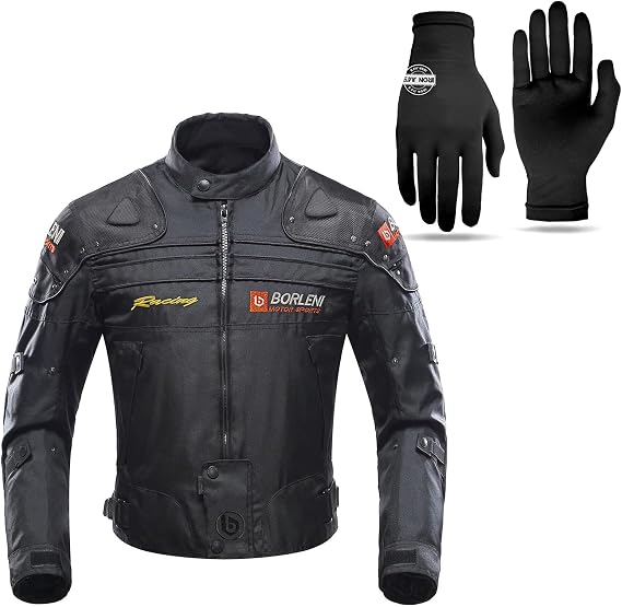 BORLENI Motorcycle Jacket Black L and Glove Liners