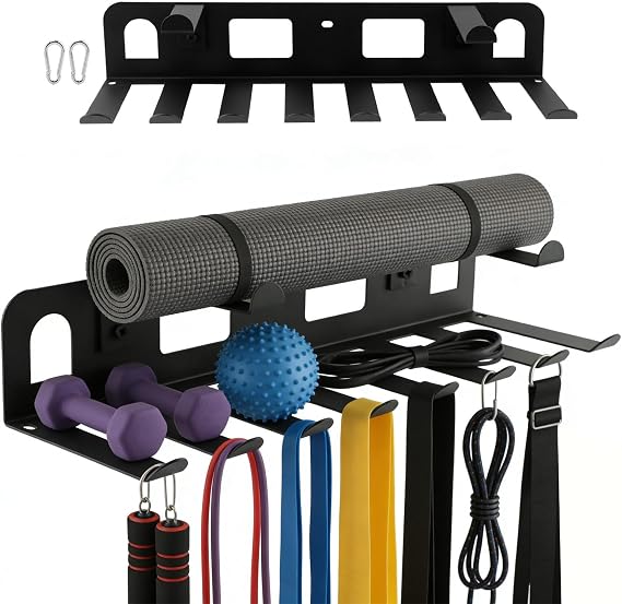 Wall Mounted Gym Equipment Storage for Resistance Bands, Yoga Mats, Jump Ropes & Weight Belts - Multi-Purpose Gym Equipment Storage Rack, Space-Saving Fitness Equipment Organizer