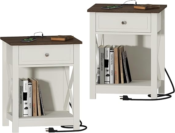Treocho Farmhouse End Table Set of 2,Nightstand with Charging Station, X-Design Side Table with 2 AC and USB Power Outlets, Small Night Stand with Storage Drawer and Open Shelf for Living Room | X-Design Side Table, 2 AC and USB Power Outlets, Small Night Stand, Storage Drawer, Open Shelf, Living Room,White