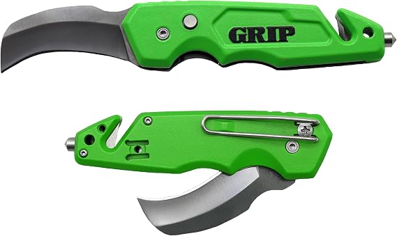 GRIP Hawk Bill Folding Utility Knife - Stainless Steel - Glass Breaker - Cut Carpet, Linoleum, Cardboard, Rope, Wire