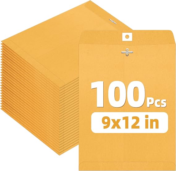 SUNEE 9"x12" Envelopes, 28-lb Heavyweight Kraft Paper, 100 Count, Brown Envelopes with Metal Clasp, for Storing, Mailing & Organizing Documents, Photos