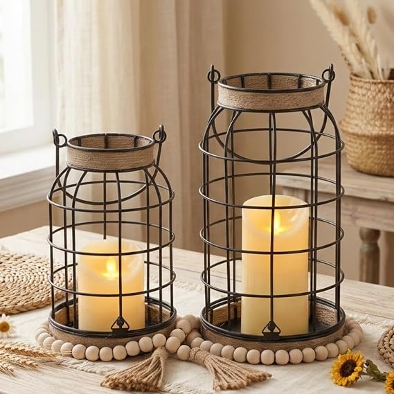 Rustic Farmhouse Candle Lantern, 2Pcs Decorative Lantern Decor with Candles