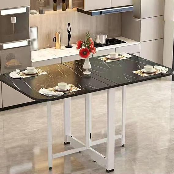 Wooden folding dining table, Drop Leaf Dining Table, Multifunction kitchen table for Living Room,Space Saving dining room Furniture with 3 Forms(Black stone pattern,100cm)