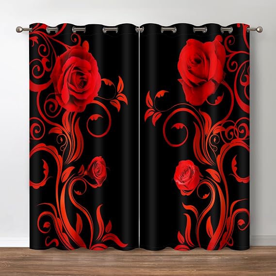 Jekeno Rose Floral Blackout Curtains Black Red Roses Pattern Printed Privacy Drapes Decor Home Bedroom Dorm Apartment Living Room Darkening Grommet Window Treatments 2 Panels Set,42x54 Inch