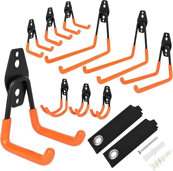 Garage Hooks Wall Mount, 12 Pack Steel Garage Storage Hooks Heavy Duty, for Bike Ladder Garden Tools Hanging, Garage Tool Organizer Set with Tools, Orange
