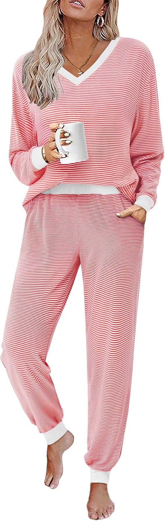 JUSTFASHIONNOW Women's Striped Pajama Sets V Neck Long Sleeve Lounge Sets