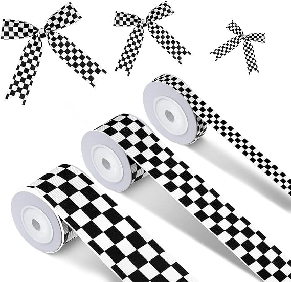 3 Rolls White Checkered Printed Ribbon Black Grosgrain Ribbon,0.4, 0.87, 1.5 Inch Wide, 15 Yards in Total, Car Theme Checkered Ribbon , for DIY Crafts Wreath Racing Car Party Wreath Decorations