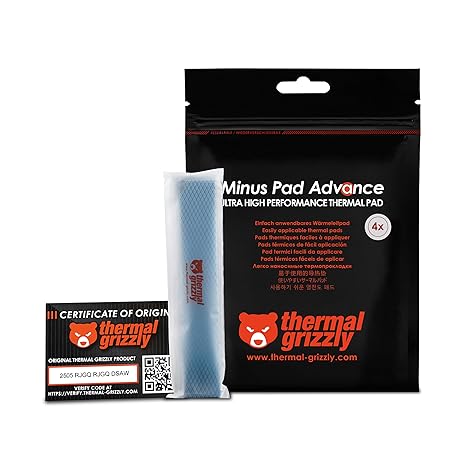 Thermal Grizzly Minus Pad Advance - 120x20x2.0mm 4-Pack Thermal Interface Pad, Electrically Non-Conductive, High Thermal Conductivity & Compressibility for SSDs, GPUs & Electronics