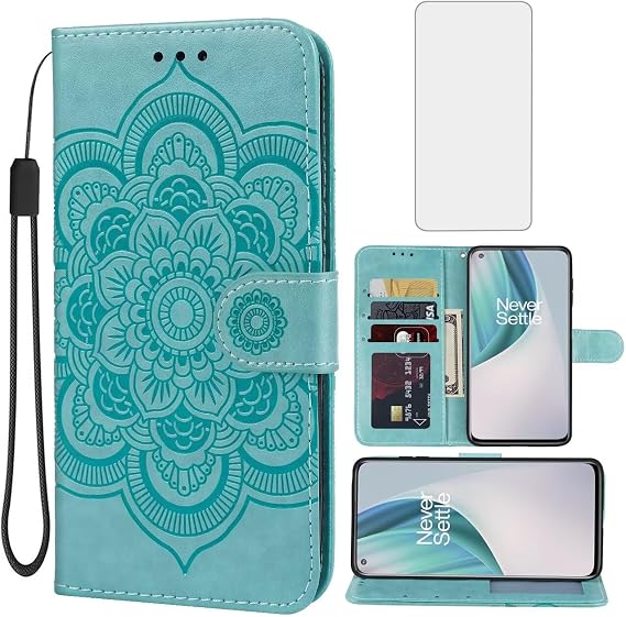 for OnePlus Nord N10 5G Case, 1Plus N10 BE2029 Wallet Case with Tempered Glass Screen Protector, Mandala PU Leather Wrist Strap Card Slots Protective Flip Cover for OnePlus Nord N10 5G Green