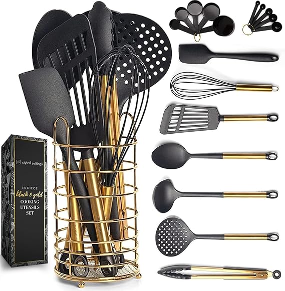 Kitchen Utensils Set Stainless Steel with Gold Utensil Holder 18 Pieces Black and Gold Includes Measuring Cup and Spoon Set Gold Kitchen Accessories
