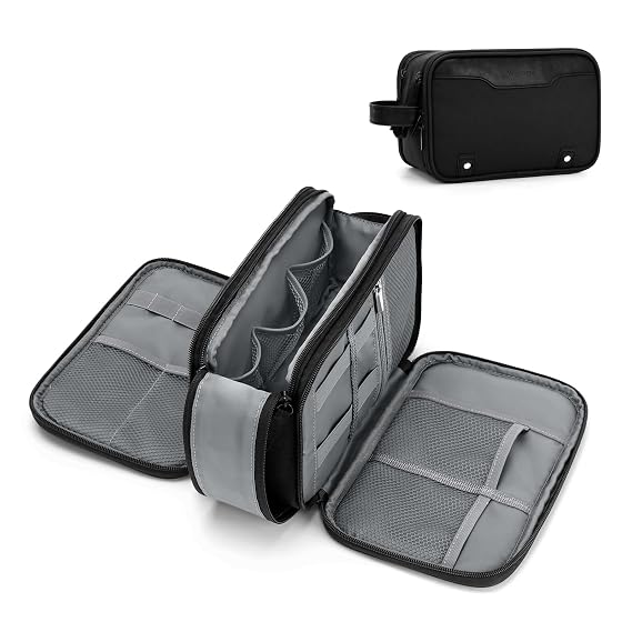 Wedama Toiletry Bag for Men, Medium Hanging Travel Toiletry Bag, Extra Electronic Organizer Bag Waterproof Shaving Bag for Toiletries with PU Handle for Travel Business Trips Swim Camping, Black