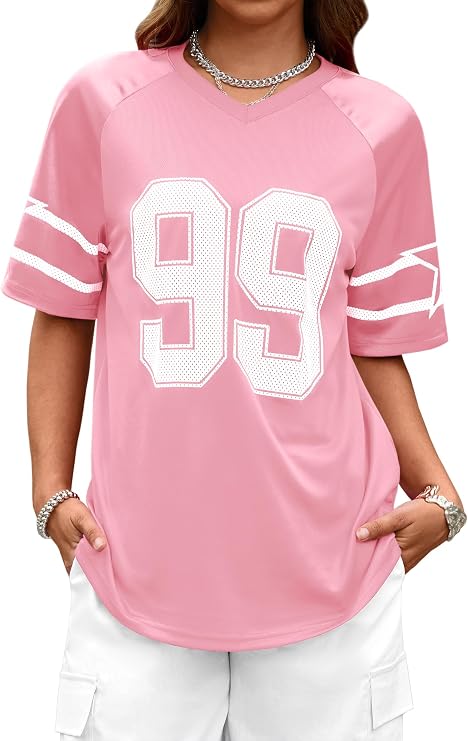 LovelyWholesale Women's Oversized V Neck Jersey Shirts Summer Football Graphic Tee