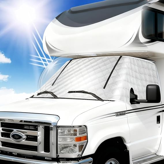 RV Windshield Window Snow Cover for Class C Ford E450 1997-2025 | Motorhome Windshield Cover for Ice and Snow RV Front Window Sunshade Cover RV Accessories 4 Layers with Mirror Cutouts Zipper