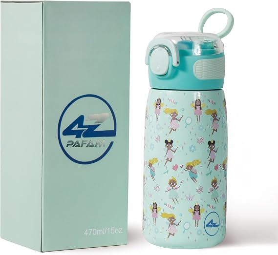Kids Water Bottle with Straw Lid 15oz, 304 Stainless Steel Water Bottle for Kids, Reusable Vacuum Insulated Thermos for School Travel Sports Home, Soft Silicone Spout and Leak-Proof Lid, BPA-Free
