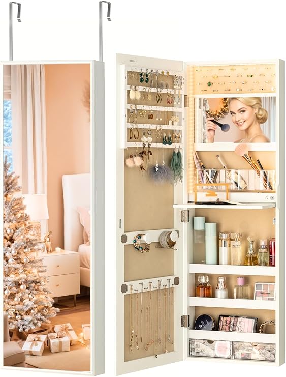 LUXFURNI Mirror Jewelry Armoire Cabinet with lights, LED Jewelry Cabinet Organizer with mirror Door Hanging or Wall Mounted, Lockable Mirror with Storage, Interior Mirror, White