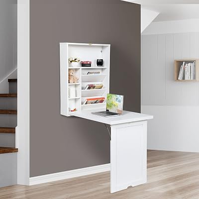 JAXPETY Wall Mounted Space Saving Desk Fold Out Convertible Wood Floating Writing Desk with Storage Shelves Laptop Tabletop for Home Office, White