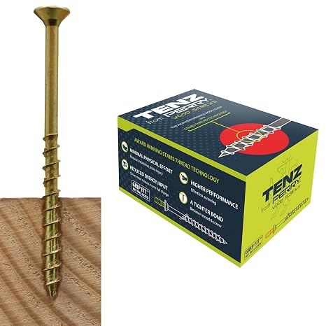 TENZ from PERRY Multi Purpose Wood Screws 6.0mm x 100mm Box of 100 Countersunk Torx Drive Woodscrews Yellow Passivated with Stairs Thread Technology