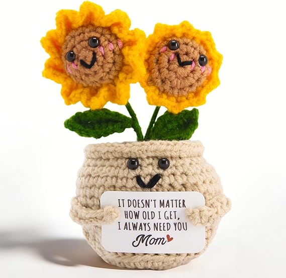 Crochet Flowers Sunflower Thank You Gifts for Women Mini Positive Desk Decor with Card (Yellow-Sunflower 1)