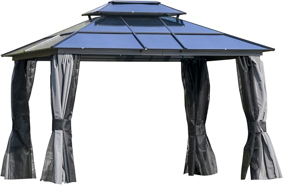 Outsunny 10' x 12' Hardtop Gazebo Canopy w/Polycarbonate Roof, Light Gray | Aluminum Frame, Permanent Pavilion Outdoor Gazebo with Netting, for Patio, Garden, Backyard, Deck, Lawn