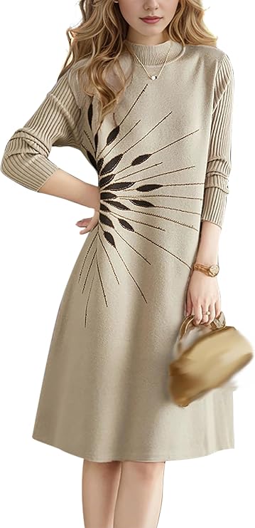 Women's Fall Winter Long Sleeve Floral Sweater Ribbed Knit Pullover Midi Dress