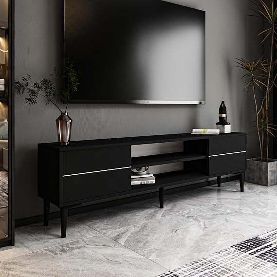 Aragon Modern TV Stand – 140 cm, TV Unit with 2 Covers + 2 Open Shelves, Black & White Color Options, Black