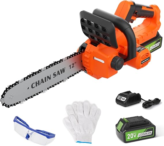 12 inch Electric Cordless Chainsaw, 4.0Ah Battery Operated Chainsaw Brushless Motor 4500 RPM, Auto-Oil, Safety Protection, Chain Saw Cordless for Wood Cutting, Tree Trimming