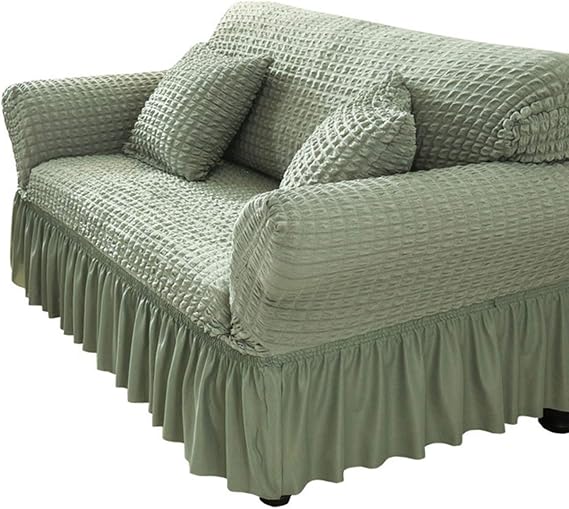 Sofa Cover, Stretch Couch Slipcover with Skirt Fitted Couch Cover, 1 2 3 4 Seater Slipcover Couch Covers, Washable High Elastic Durable Seersucker Fabric. (Green,2 Seater/Loveseat)