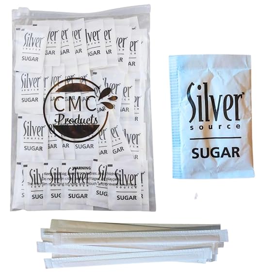 Sugar Packets 100 Count (2.6g Each) with Stir Stick in Resealable CMC Products Food Safe Bag Packaged by CMC Products
