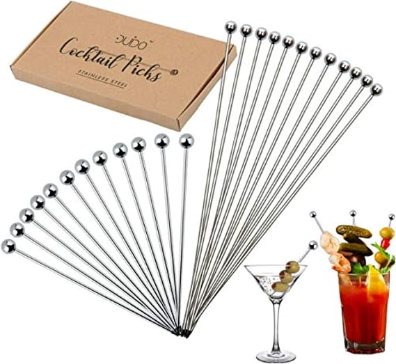 Cocktail Picks Martini Stirrers Toothpicks (24 Pack / 4 & 8 Inch) Reusable Cocktail Picks - Stainless Steel Metal Drink Skewers Sticks for Martini Olives Appetizers Bloody Mary Brandied
