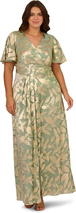 Adrianna Papell Foil Leaf Draped Gown