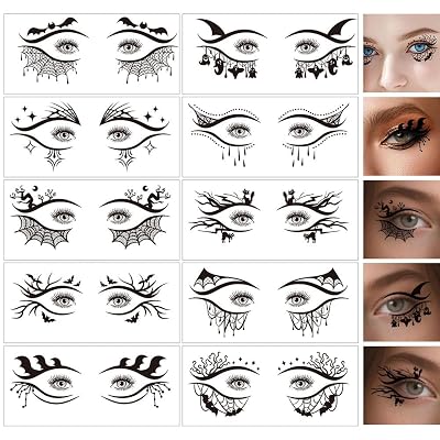 10pairs Halloween Black Eye Shadow Temporary Tattoo For Women Girls Bat Ghost Spider Wed Eyeliner Stickers For Halloween Makeup Face Tattoo Sticker Decoration