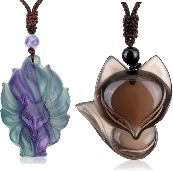 Jovivi Bundle - 2 Items Natural Fluorite Crystal Fox Necklace + Ice Obsidian Fox Necklace Healing Crystal Gemstone Necklaces Pendant Protection Amulet Charm