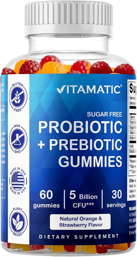 Vitamatic Probiotic + Prebiotic Gummies, 5 Billion CFU Digestive Support, Sugar Free Gut Health Supplement for Adults, Bacillus Coagulans with Inulin Fiber, 60 Gummies
