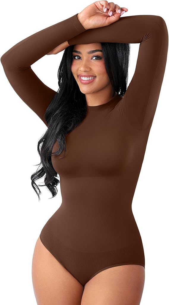 FeelinGirl Shapewear Bodysuit Long Sleeve Body Suits For Womens Shapewear Tummy Control Compression Shirt Women