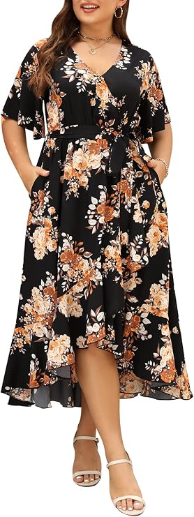 Keluummi Women's Plus Size V Neck 3/4 Sleeve Empire Waist A-Line Maxi Dress