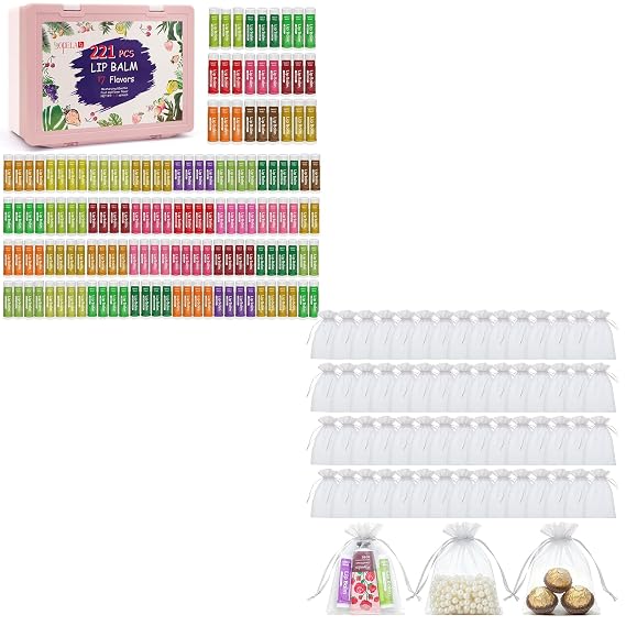 Yopela 221 Pack Lip Balm Bulk & 60pcs Organza Gift Bags Natural Lip balm with Vitamin E and Coconut Oil, Moisturizing, Soothing, and Repairing Dry and Chapped Lips