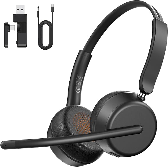 Wireless Headset with Microphone Headset Bluetooth Wireless PC Headset Office Multipoint Connection Adjustable Headset Wireless Office Headsets for Business Call Center Zoom Teams (Black)