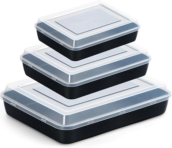 E-far Baking Pans with Lids Set of 3, Nonstick Sheet Cake Pan for Oven Lasagna Brownie Casserole - 12.5/10.5/9.4Inch, Rectangle Metal Bakeware Set, Stainless Steel Core - 6 Pieces(3 Pans + 3 Covers)