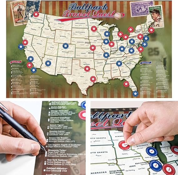 Map Your Travels Ballpark Travel Quest Poster Set | Laminated and Includes Stickers | 17"x28" | Made in the USA