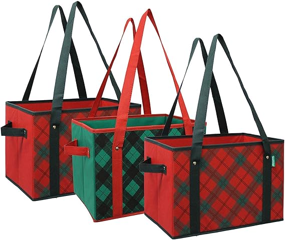 Earthwise Eco-Friendly Reusable Box Tote in Holiday Plaid, Collapsible Grocery Bag with Reinforced Structure Foldable Shopping Tote for Groceries & Everyday Use (3-pack)