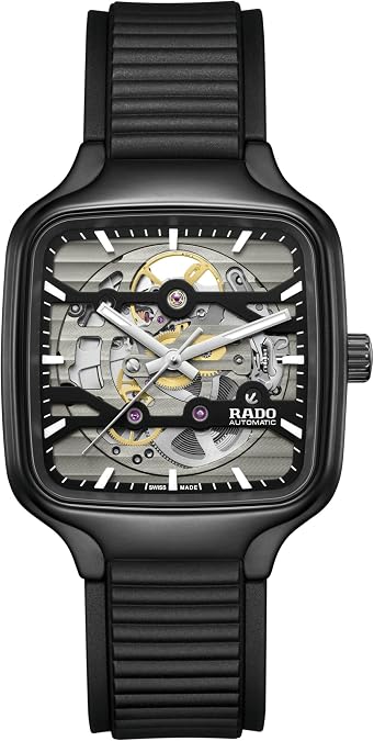Rado - True Square - Unisex Automatic Swiss Watch - 38mm Square Rhodium Black Dial - Black Rubber Bracelet - R27197169