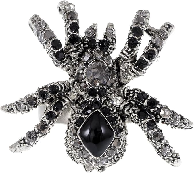 Alilang Black Grey Rhinestones Halloween Tarantula Spider Insect Adjustable Ring