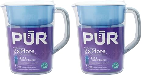 PUR 7-Cup Water Filter Pitcher, Cleaner, Great-Tasting Water, Dishwasher Safe, Powerful, Faster Filtration, LockFit Cap Design - White (Pack of 2)