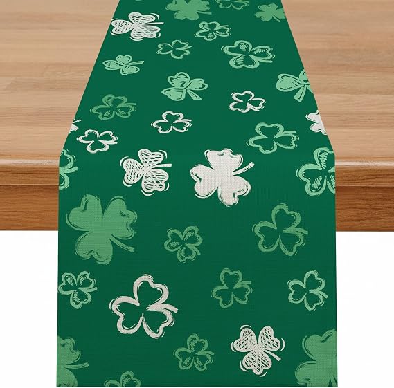 St Patrick's Day Table Runner, St Patrick Day Decorations, Shamrock Table Runner, Spring Green Clover Holiday Dining Tables Decoration for Indoor Outdoor Home Kitchen Party Decorations, 13 x 72 Inch