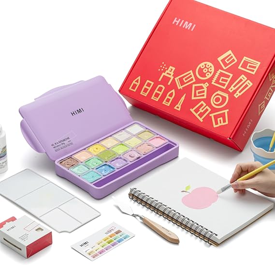 HIMI Deluxe 18 Colors Jelly Gouache Paint Gift Set Complete Art Kit with Pad, Spray, Palette, Brushes, Painting Knife, Foldable Bucket & Refills for Beginners, Students & Artists (Purple)
