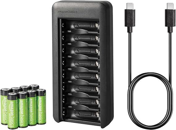 Amazon Basics Rechargeable AA NiMh Batteries with 8-Bay Battery Charger, USB-C Port, No AC Power Adapter, 8 Count (Pack of 1)