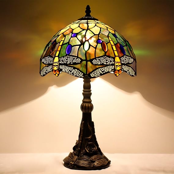 Tiffany Table Lamp Stained Glass 12X12X19 Inch Amber Yellow Dragonfly | Antique Reading Light [Energy Class A]