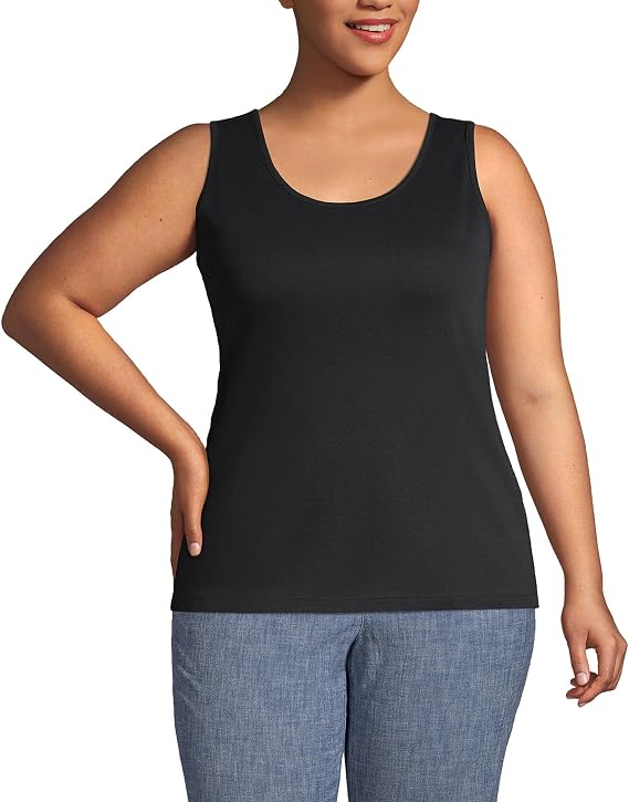 Lands' End Women's Cotton Tank Top | 100% Cotton Interlock, Wide Straps, Modest Armholes, Prewashed, Mid-Hip Length, Layering, Petite and Plus